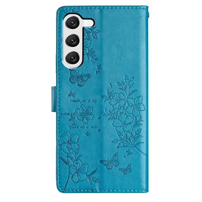 For Samsung Galaxy S23 5G Butterflies and Flowers Leather Phone Case(Blue)