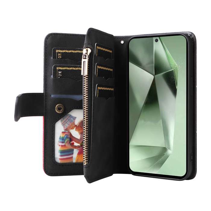 For Samsung Galaxy S24 FE 5G Dual-color 9 Card Slots Zipper Wallet Leather Phone Case(Black)