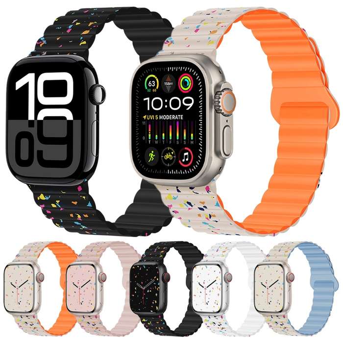 For Apple Watch Series 7 45mm Colorful Dots Magnetic Silicone Watch Band(Creamy White+Mist Blue