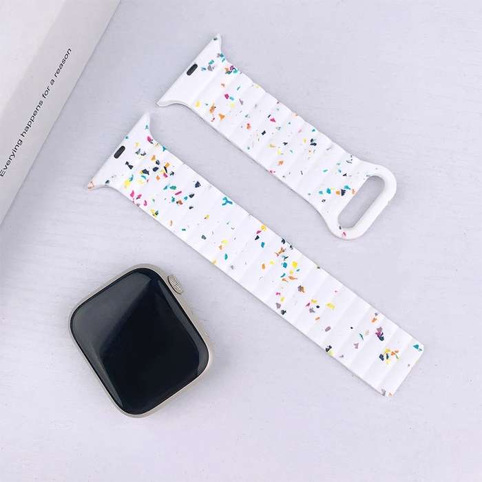 For Apple Watch Series 7 45mm Colorful Dots Magnetic Silicone Watch Band(Creamy White+Mist Blue