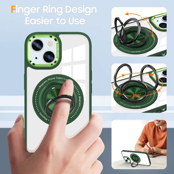 For iPhone 15 Magnetic Rotating Ring Holder Phone Case(Dark Green)