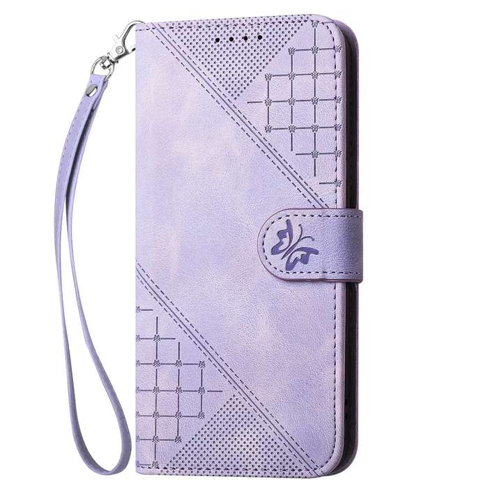 For iPhone 15 Pro YX0080 Grid Butterfly Embossed Pattern Flip Leather Phone Case with Lanyard(L
