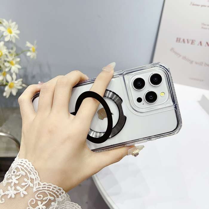 For iPhone 15 Translucent 3 in 1 Holder MagSafe Phone Case(Orange)