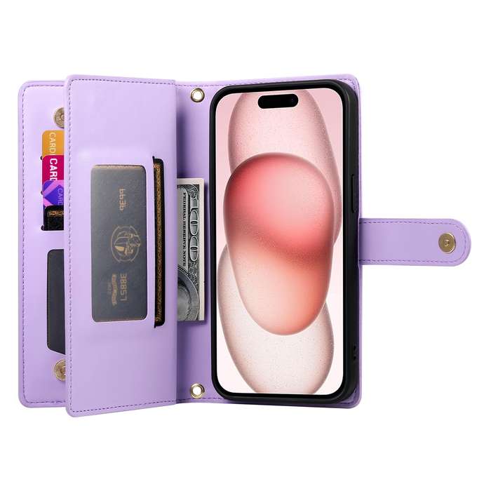 For iPhone 15 Nine Card-slot Zipper Wallet Bag Leather Phone Case(Purple)