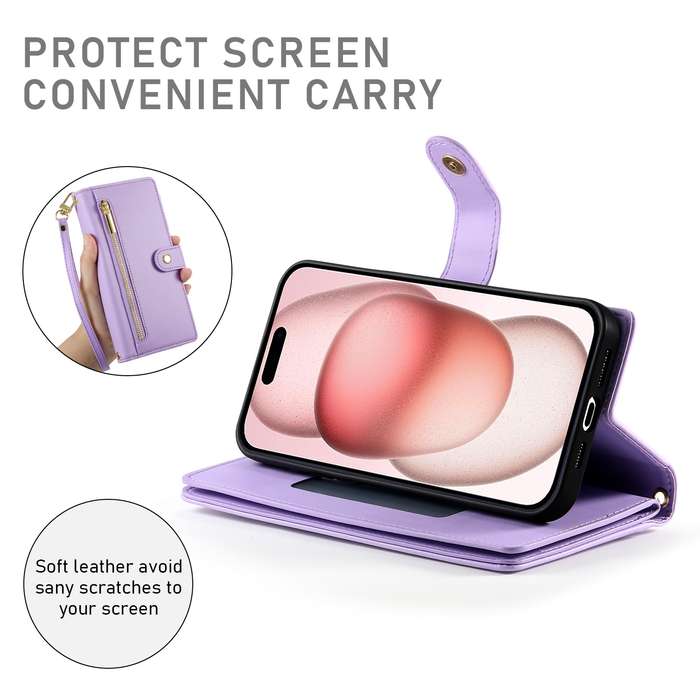 For iPhone 15 Nine Card-slot Zipper Wallet Bag Leather Phone Case(Purple)