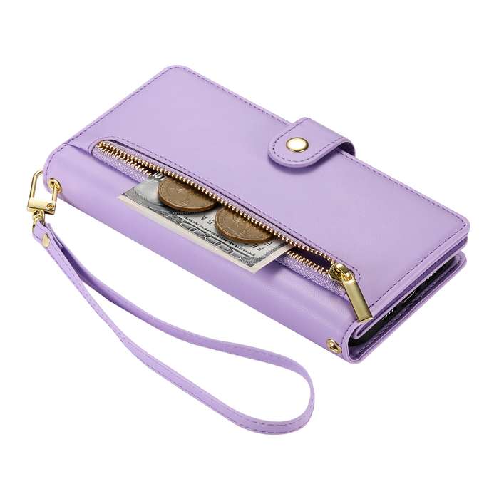 For iPhone 15 Nine Card-slot Zipper Wallet Bag Leather Phone Case(Purple)