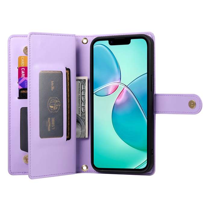 For iPhone SE 4 2024 Nine Card-slot Zipper Wallet Bag Leather Phone Case(Purple)