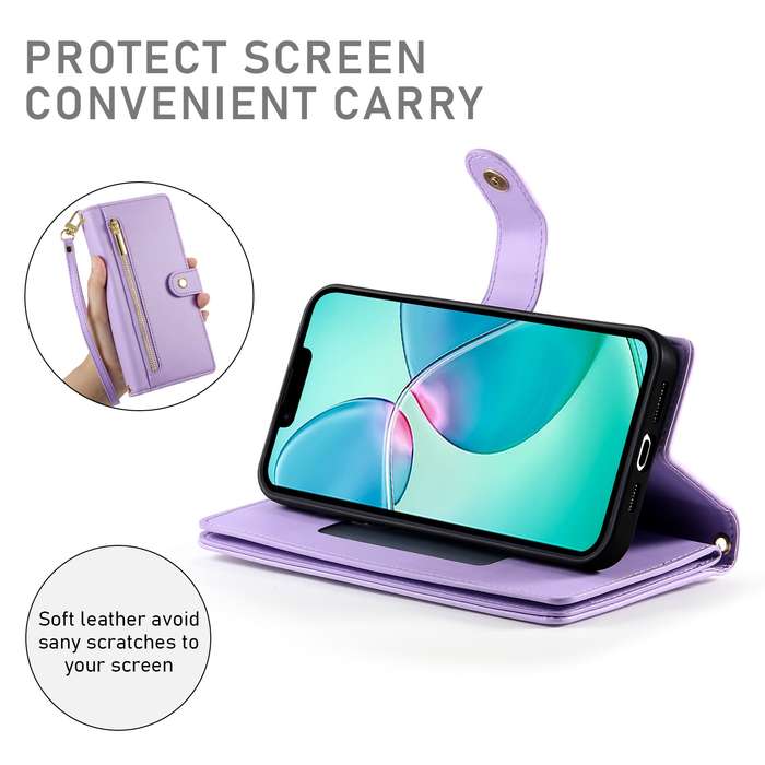 For iPhone SE 4 2024 Nine Card-slot Zipper Wallet Bag Leather Phone Case(Purple)
