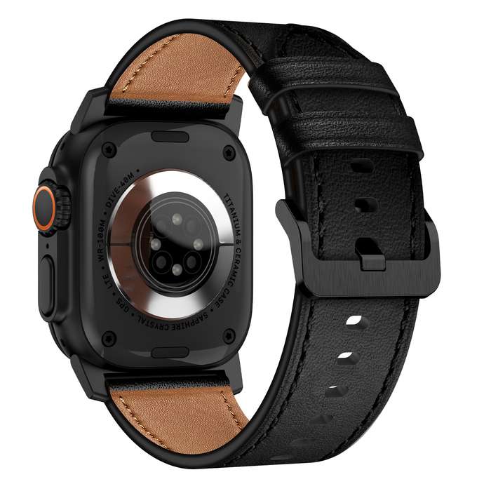 For Apple Watch Series 5 44mm Wilderness Top-grain Leather Watch Band(Black Connector Black)