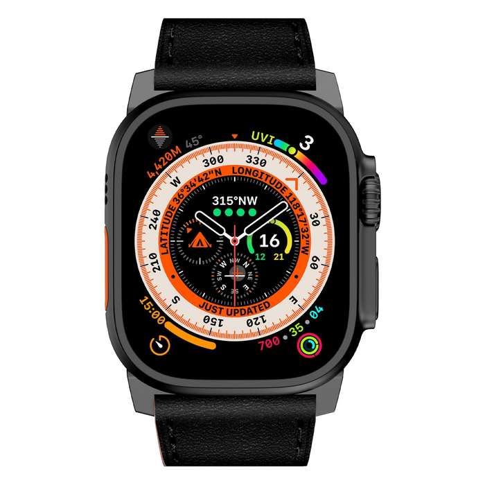 For Apple Watch Series 5 44mm Wilderness Top-grain Leather Watch Band(Black Connector Black)
