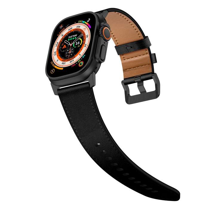 For Apple Watch Series 5 44mm Wilderness Top-grain Leather Watch Band(Black Connector Black)