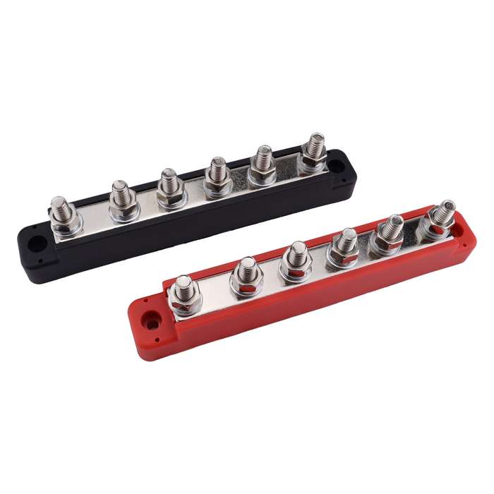 Pair 6 Way 48V 150A M6 Power Distribution Block Terminal Studs with 12pcs Terminals(Black + Red)