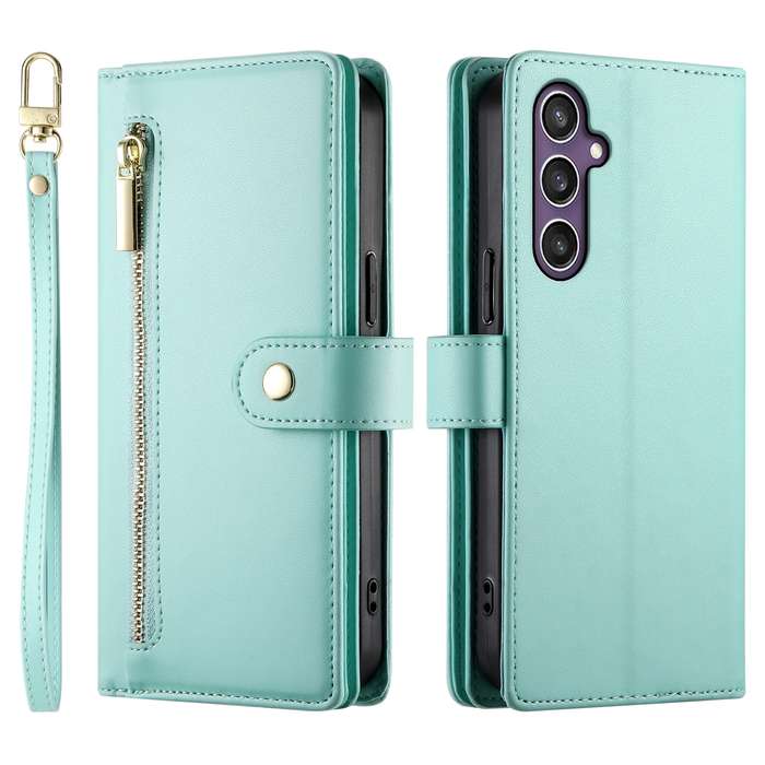 For Samsung Galaxy S24+ 5G Nine Card-slot Zipper Wallet Bag Leather Phone Case(Mint Green)