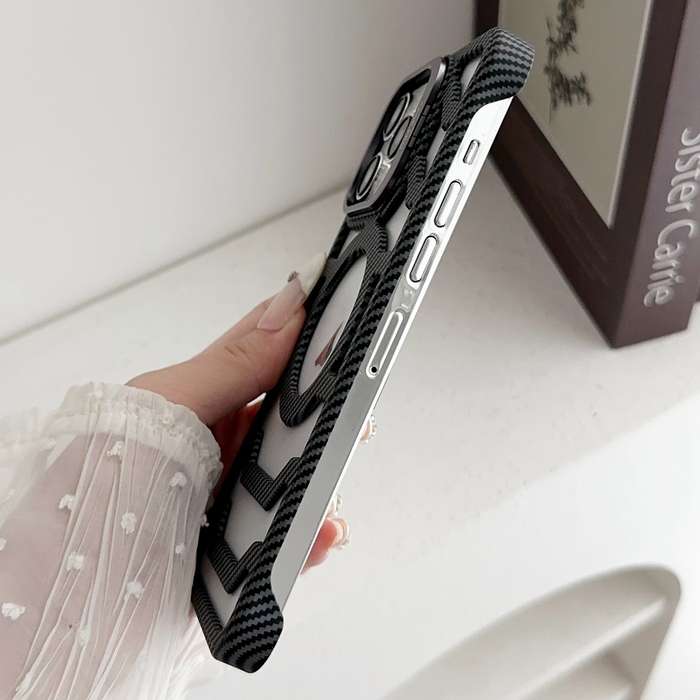 For iPhone 14 Borderless Carbon Fiber Lens Protection Bracket MagSafe Phone Case(Black)