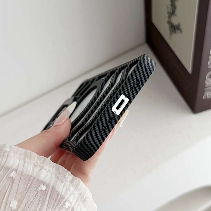 For iPhone 14 Borderless Carbon Fiber Lens Protection Bracket MagSafe Phone Case(Black)