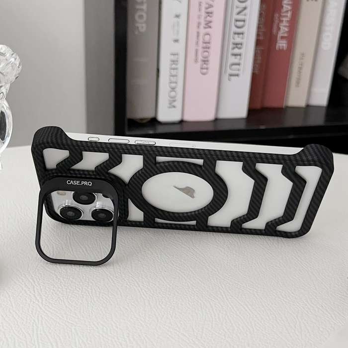 For iPhone 14 Borderless Carbon Fiber Lens Protection Bracket MagSafe Phone Case(Black)