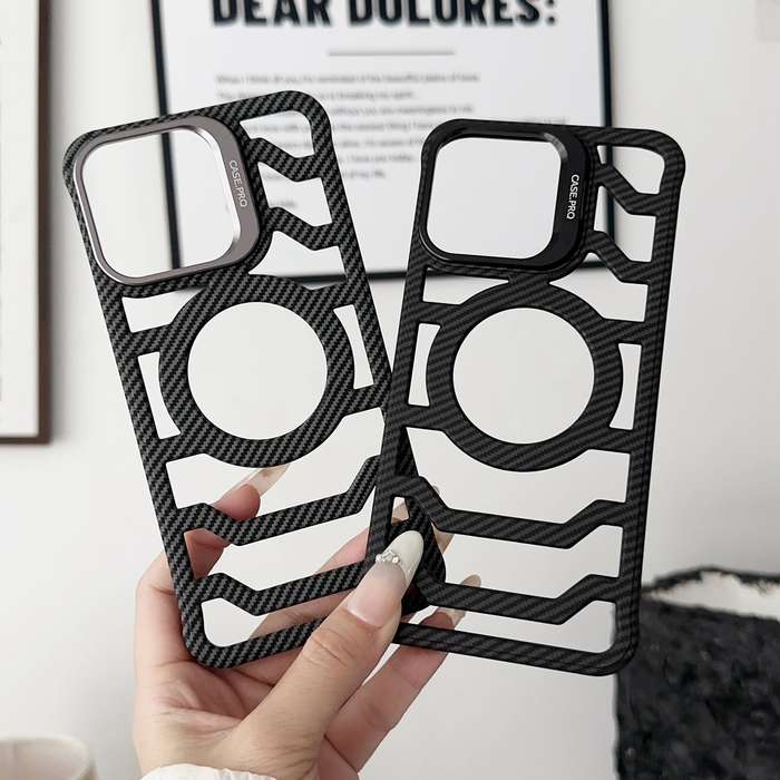 For iPhone 14 Borderless Carbon Fiber Lens Protection Bracket MagSafe Phone Case(Black)