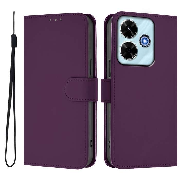For Redmi 13 4G Global / 13 5G Global Skin Feel Solid Color Leather Phone Case with Lanyard(Brown)