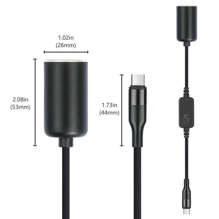 Type-C 5V to 12V Car Cigarette Lighter Socket Boost Cable with Voltage Display, Length:1m(Black)