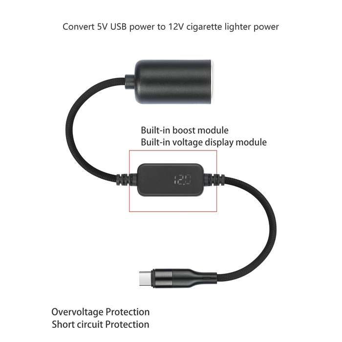 Type-C 5V to 12V Car Cigarette Lighter Socket Boost Cable with Voltage Display, Length:1m(Black)