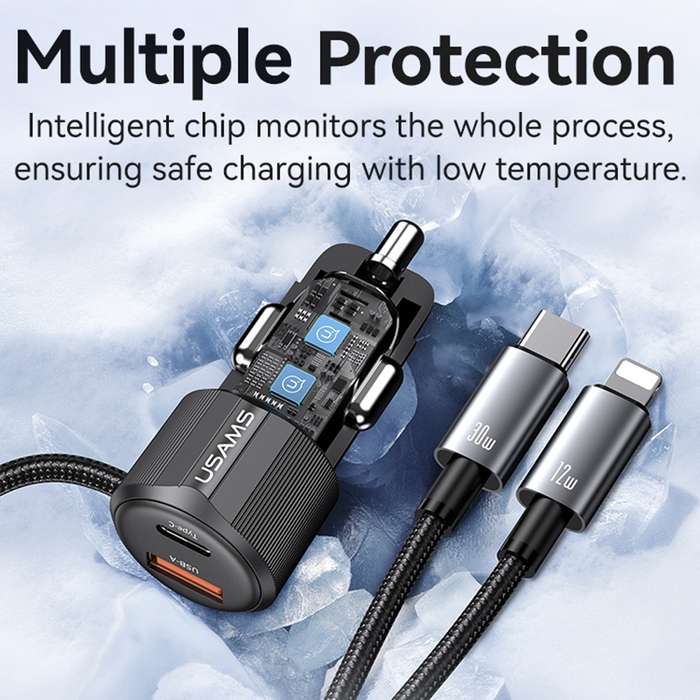 USAMS CC287 YT Series 66W USB and Type-C Dual Ports Car Fast Charger with 2 in 1 Cable(Black)