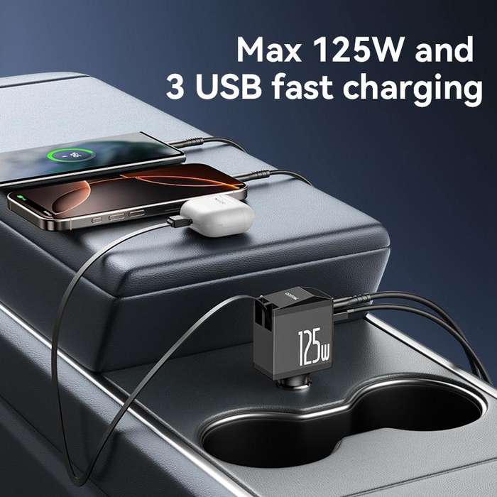 Yesido Y71 125W Type-C + 8 Pin Retractable Cable 3 in 1 Car Charger(Black)