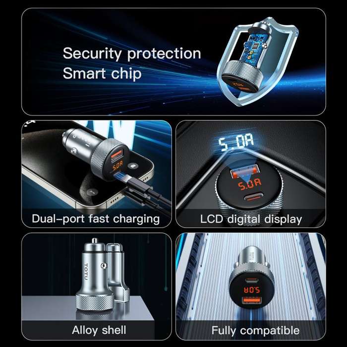 TOTU CC-4 48W USB-A and USB-C / Type-C Digital Display Dual Ports Fast Charging Car Charger(Grey)