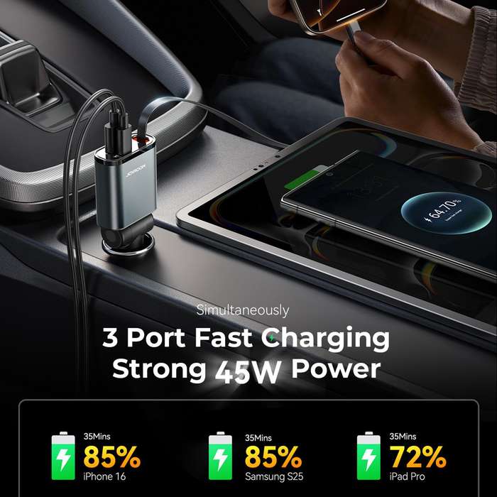 JOYROOM JR-CCL07 3 in 1 Retractable Car Charger(Dark Gray)