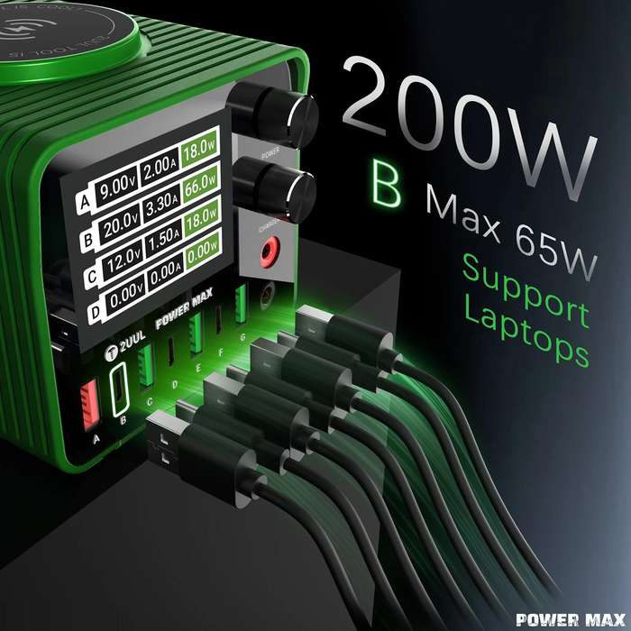 2UUL PC01 POWER MAX 200W Multi-Port Charger Adjustable Voltage Power Supply, Plug:US Plug