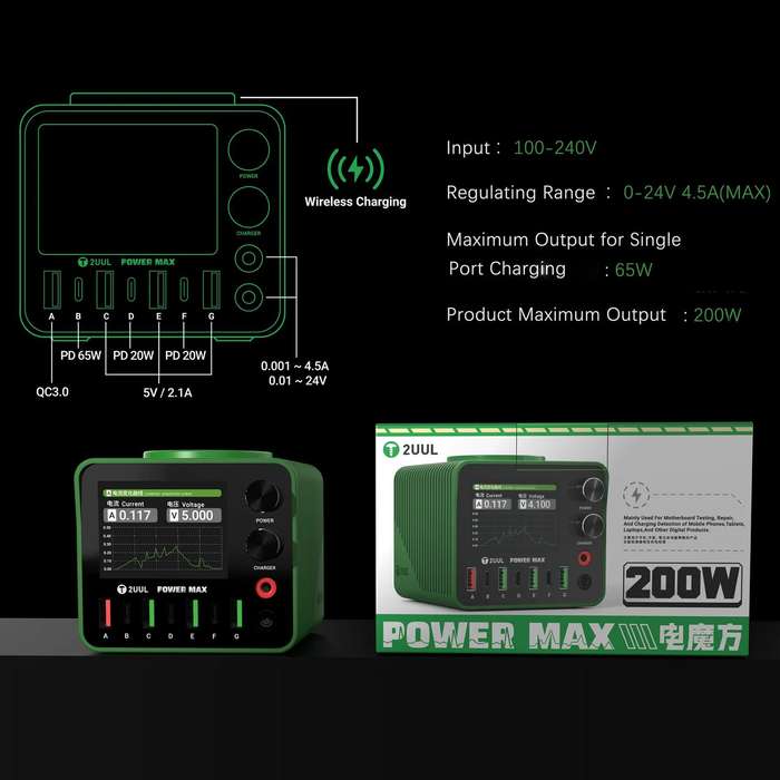 2UUL PC01 POWER MAX 200W Multi-Port Charger Adjustable Voltage Power Supply, Plug:US Plug