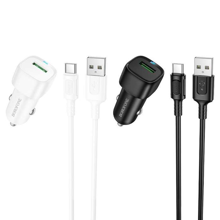 BOROFONE BZ34 Cloud QC3.0 USB Car Charger Set, with 1m USB to Type-C Cable(White)
