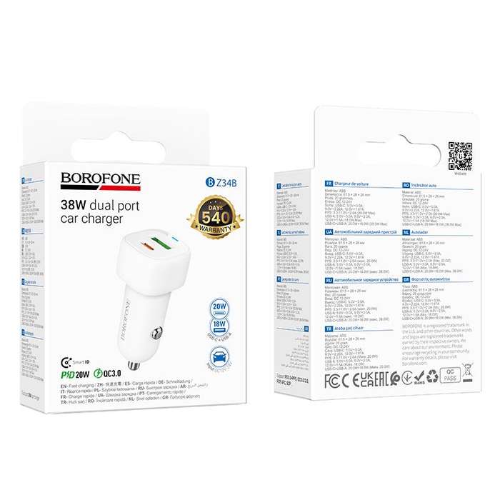 BOROFONE BZ34B Cloud PD38W Type-C and USB Car Fast Charger(White)