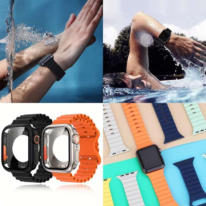 For Apple Watch Series 45mm Butterfly Buckle Ocean Silicone Watch Band with Film Integrated PC Case(