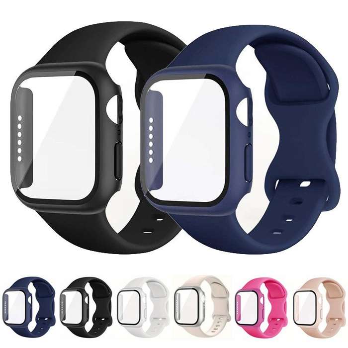 For Apple Watch Series 41mm Butterfly Buckle Silicone Watch Band with Film Integrated PC Cover(Midni