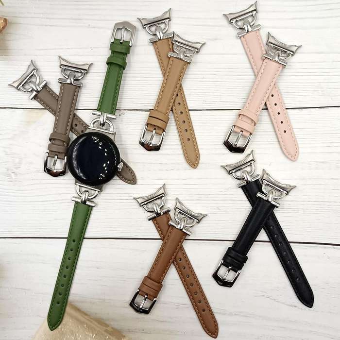 For Google Pixel Watch 3 45mm D-shaped Metal Slim Waist Leather Watch Band(Light Pink)