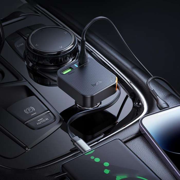 hoco NZ18 Guardian PD65W USB and Type-C Dual Port Car Charger with Type-C Retractable Cable(Black)