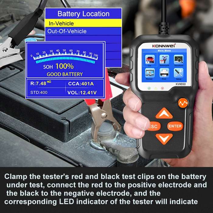 KONNWEI KW650 6V- 12V Car Motorcycle Battery Lawn Mower Detector with 2.4 inch Color Display & Wavef