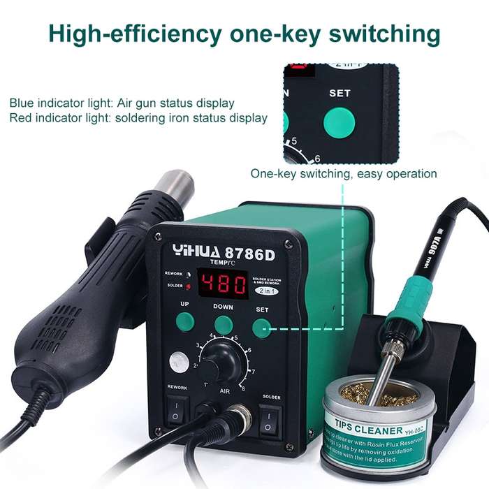 YIHUA 8786D 2 in 1 AC 220V LED Display Adjustable Temperature Hot Air Gun + Solder Station & Solderi
