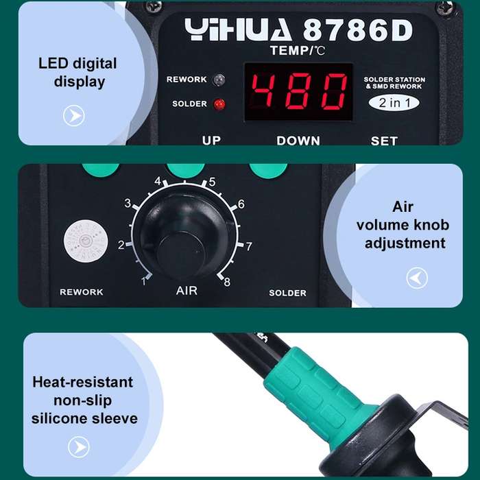 YIHUA 8786D 2 in 1 AC 220V LED Display Adjustable Temperature Hot Air Gun + Solder Station & Solderi
