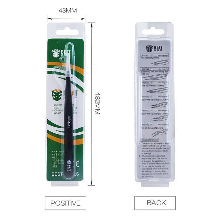 BEST BST-09 Precision Anti-static ESD Stainless Steel Tweezers