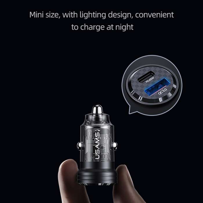 USAMS US-CC175 C35 45W Aluminum Alloy Transparent Dual USB Port Mini Car Charger (Black)