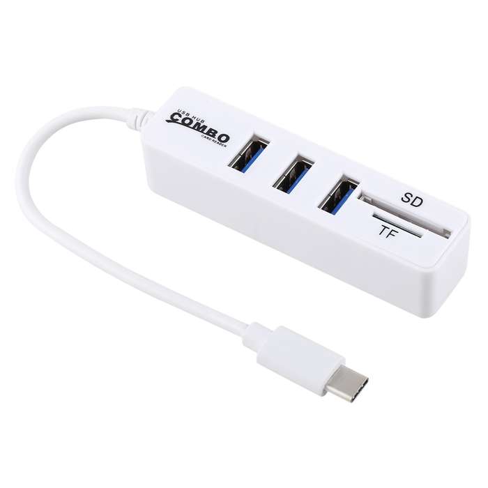 2 in 1 TF & SD Card Reader + 3 x USB Ports to USB-C / Type-C HUB Converter, Total Length: 24cm(Whit