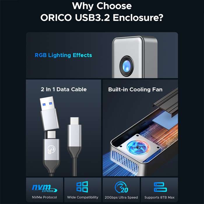 ORICO OUM2-G20-GY-BP 20Gbps M.2 SSD Enclosure with Type-C+USB Cable