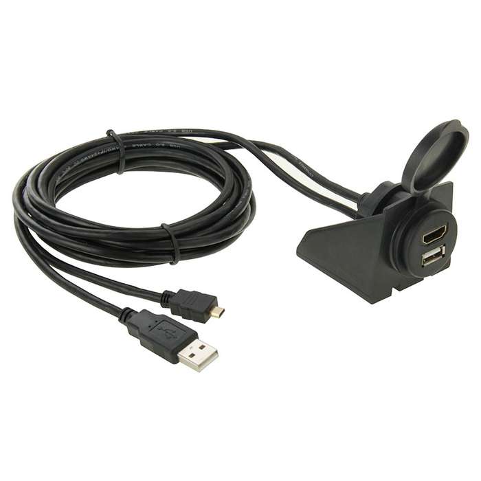 USB 2.0 & Micro HDMI (Type-D) Male to USB 2.0 & HDMI (Type-A) Female Adapter Cable with Car Flush Mo