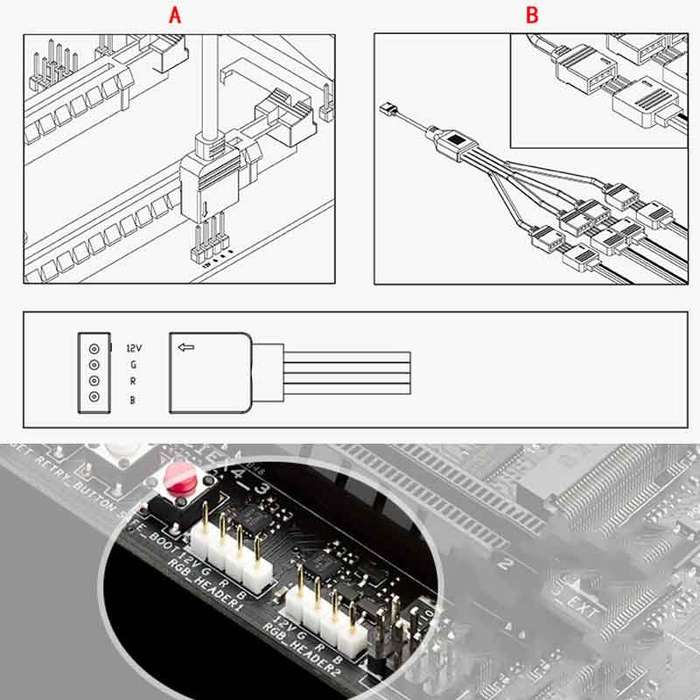 3 Pin 5V 1 to 3 Motherboard AURA RGB PC Cooling Extension Cable for Asus (Black)