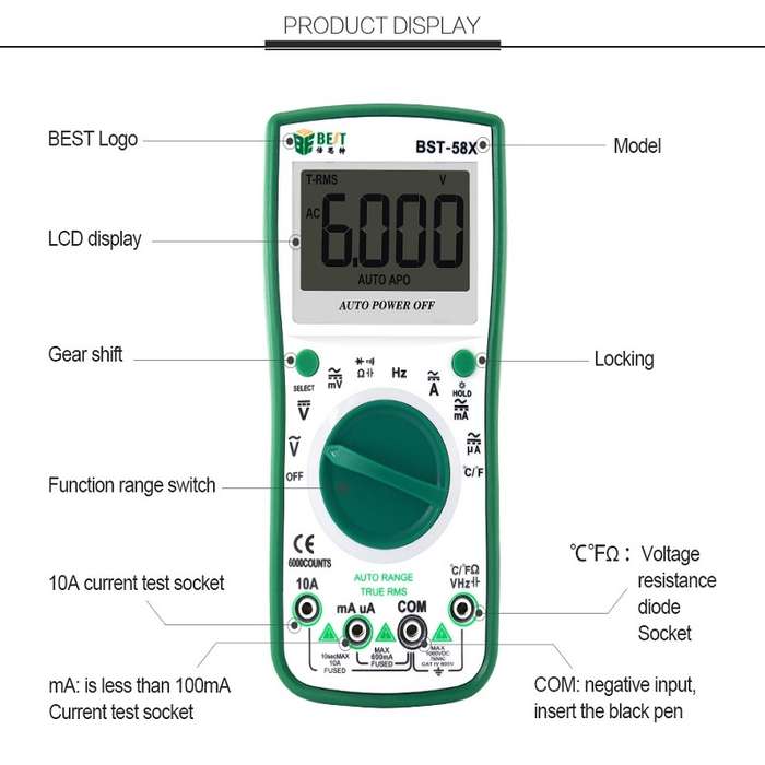 BEST BST-58X Multi-function Digital Multimeter Automatic Range Four Position Semi Backlight Display