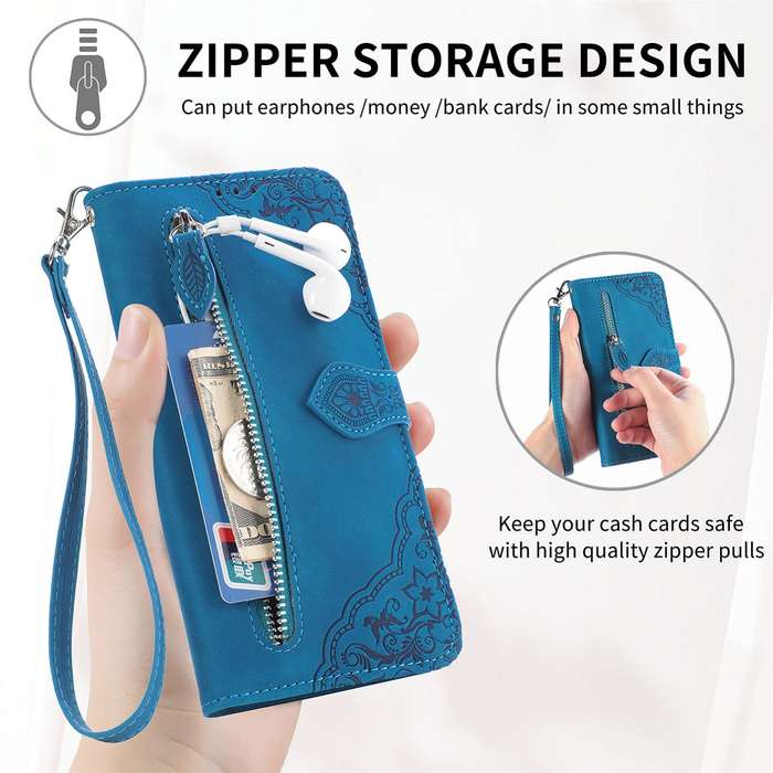 For Samsung Galaxy XCover 7 Embossed Flower Zipper Leather Phone Case(Blue)