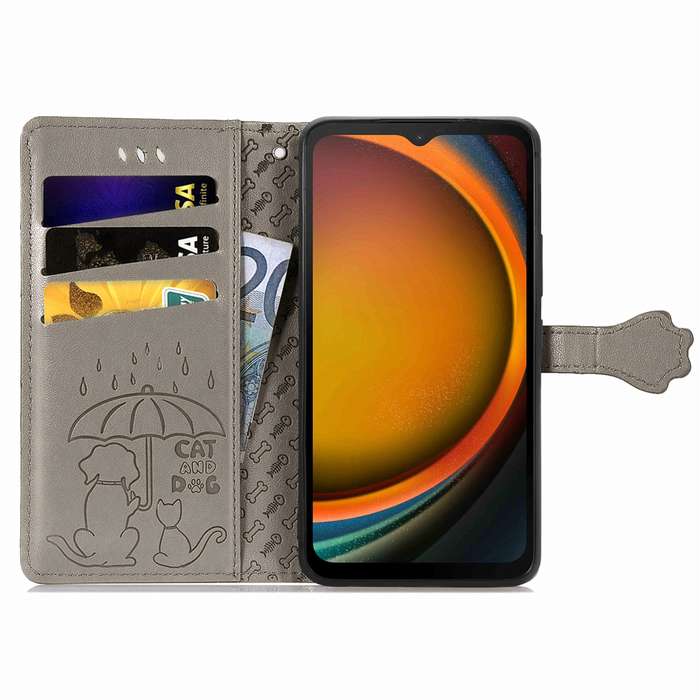 For Samsung Galaxy Xcover 7 Cat and Dog Embossed Leather Phone Case(Gray)