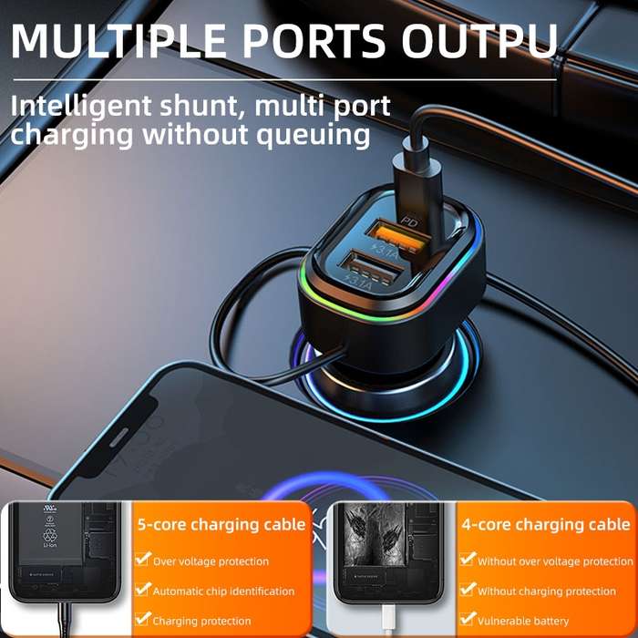 K5 With 3-in-1 Charging Cable Dual USB + 1 Type-C PD Phone Fast Charging Adapter Car Charger