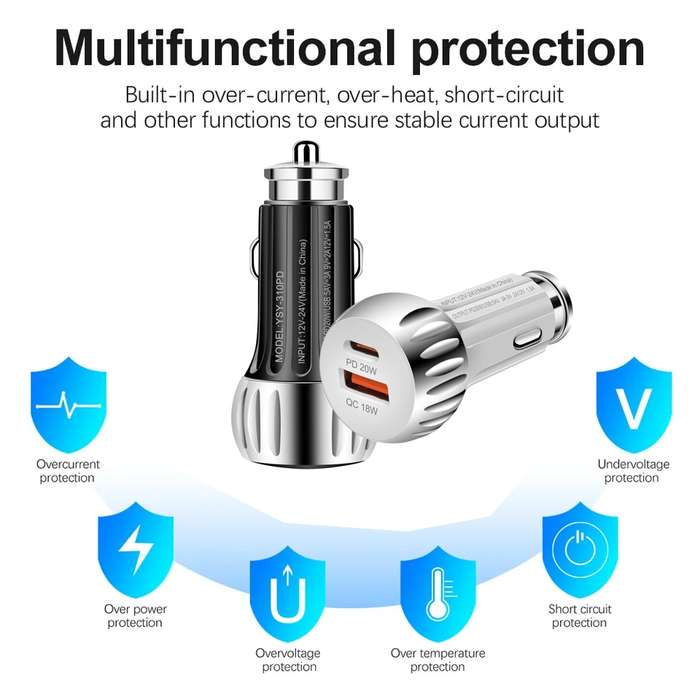 YSY-310PD 38W PD20W USB-C + QC3.0 18W USB Dual Port Fast Car Charger(White)